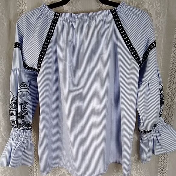 MANGO USA Blue and Black Relaxed Striped Embroidery Women's Blouses Size S - Picture 8 of 16